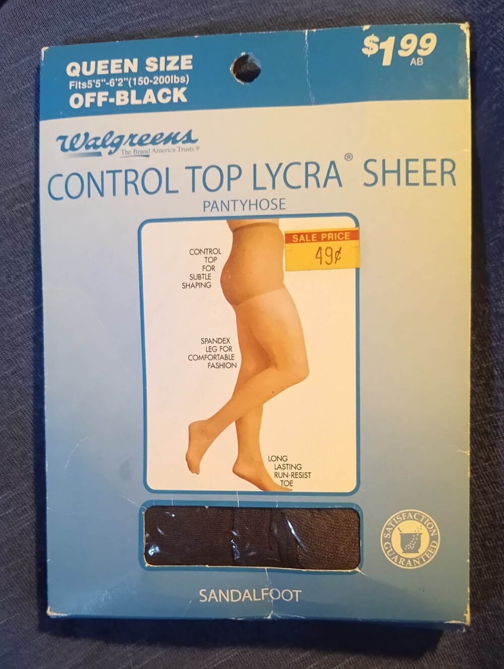 Vintage Walgreens Control Top Lycra Sheer Pantyhose Off Black Queen Size NOS
